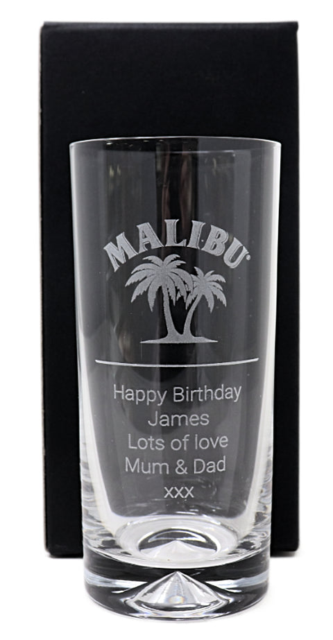 Personalised Pair of Highball Glasses & 70cl Malibu - Label Design