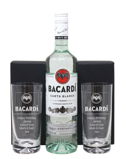 Personalised Pair of Highball Glasses & 70cl Bacardi - Label Design