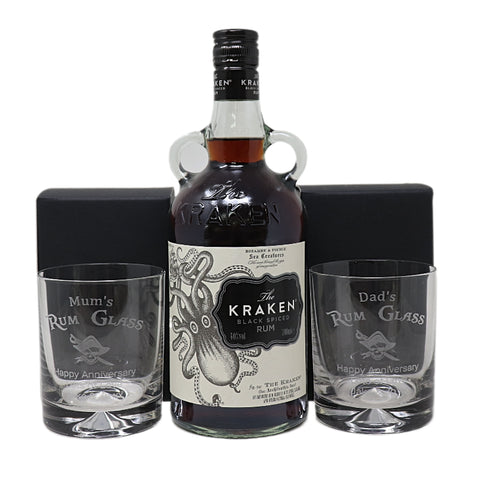 Personalised Pair of Glass Tumblers & 70cl Kraken - Rum Design