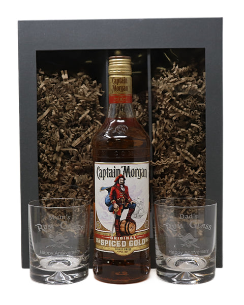 Personalised Pair of Glass Tumblers & 70cl Captain Morgan Spiced - Rum Design