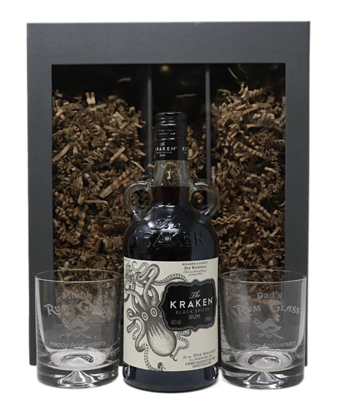 Personalised Pair of Glass Tumblers & 70cl Kraken - Rum Design