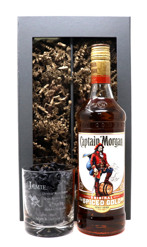 Personalised Glass Tumbler & 70cl Captain Morgan - Pirate Rum Design