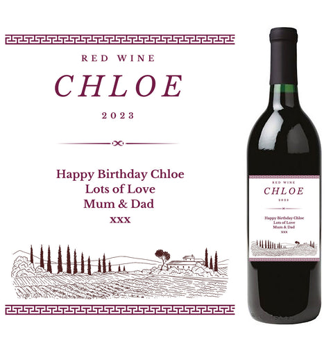 Personalised Red Wine Bottle Label - Vineyard Design