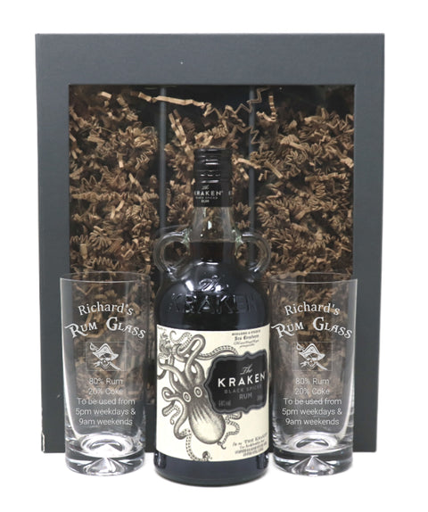 Personalised Pair of Highball Glasses & 70cl Kraken - Rum % Design